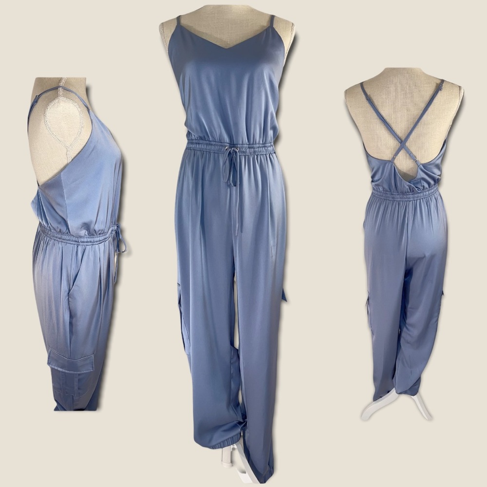 Satin Blue Pant Jumpsuit - Stretchy - Size L